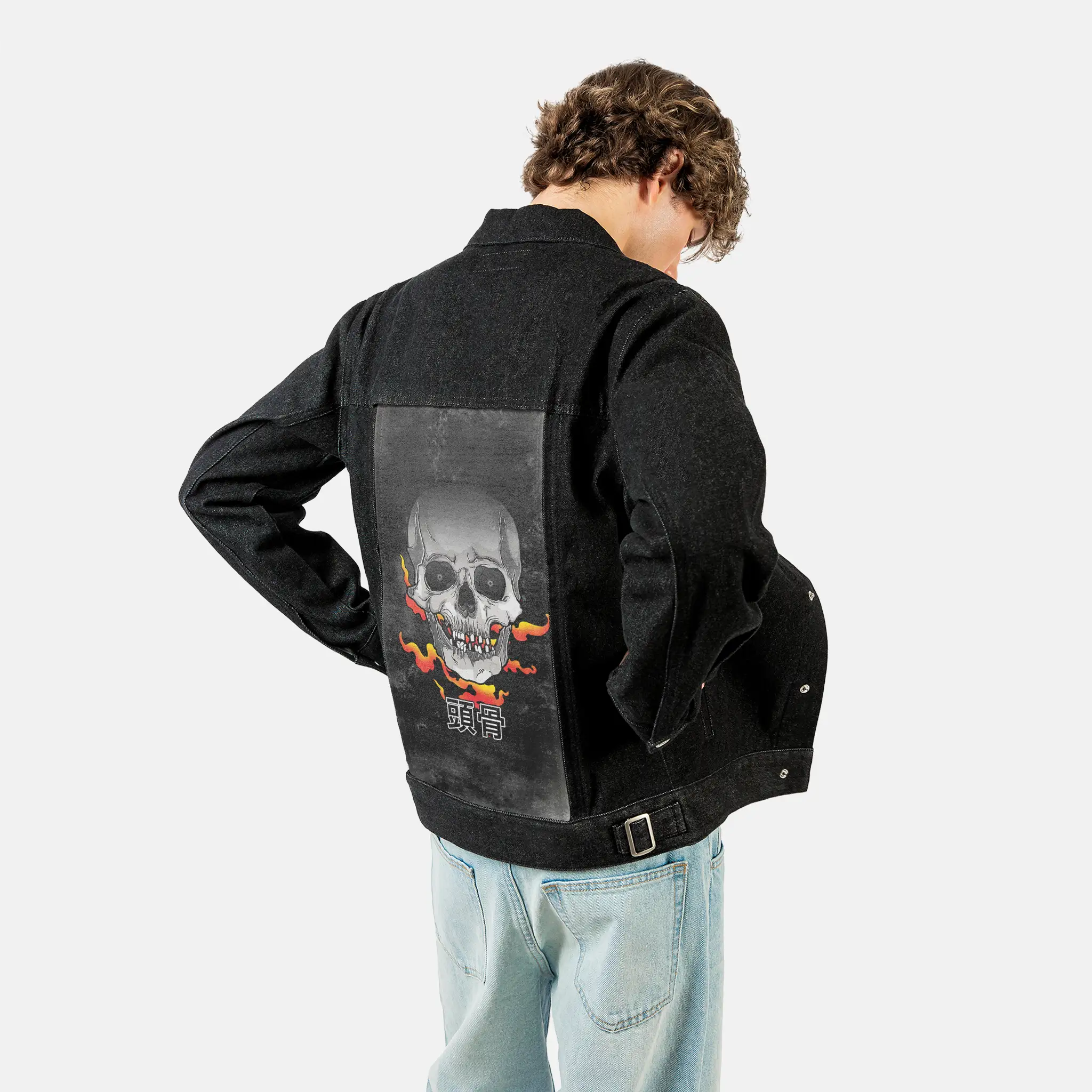 darkyokai patch on male og denim jacket in raven