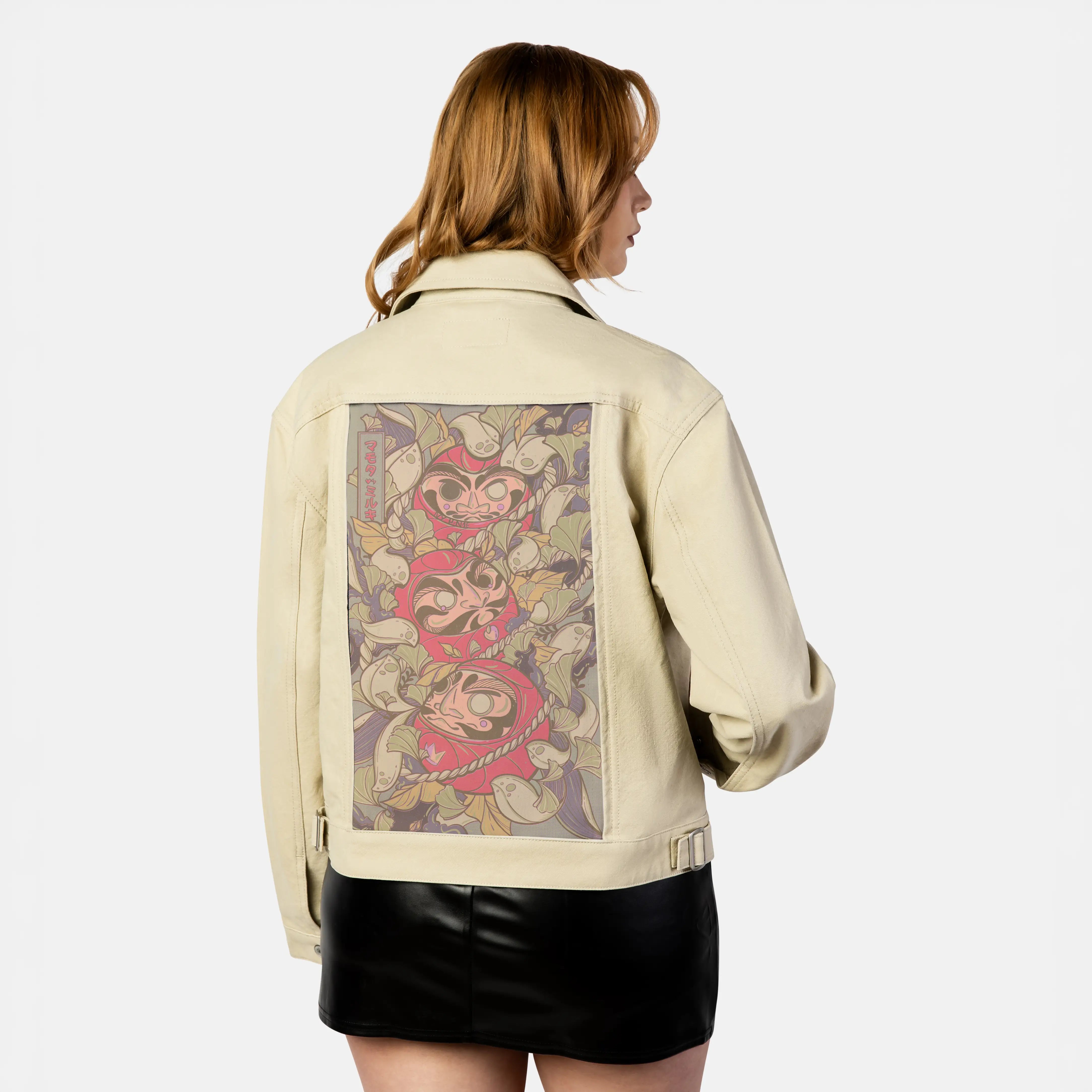 darumatrio patch on female atelier canvas jacket in tan