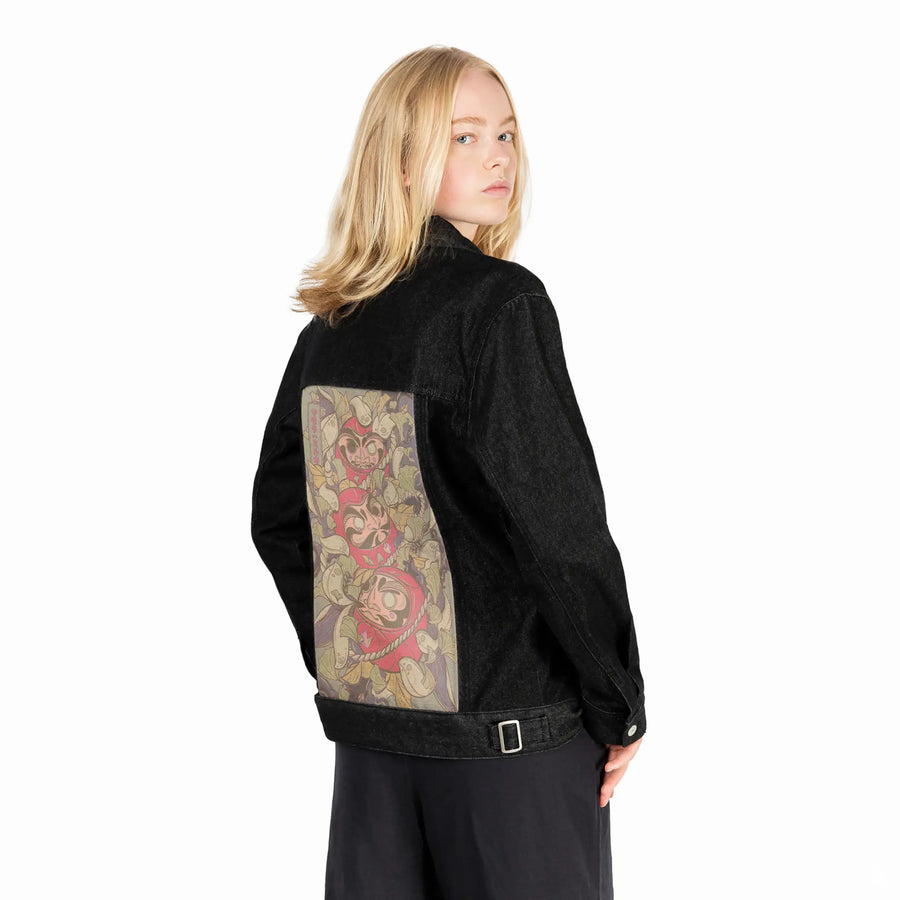 darumatrio patch on female og denim jacket in raven