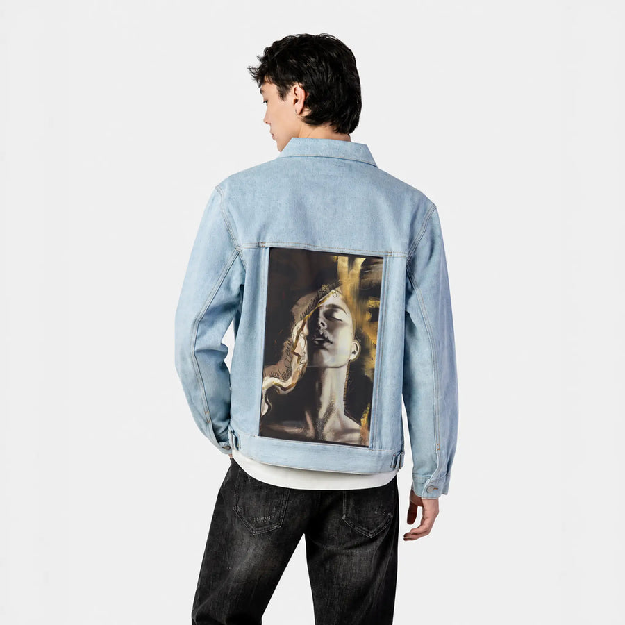 daughterofjoy patch on male og denim jacket in oceanside