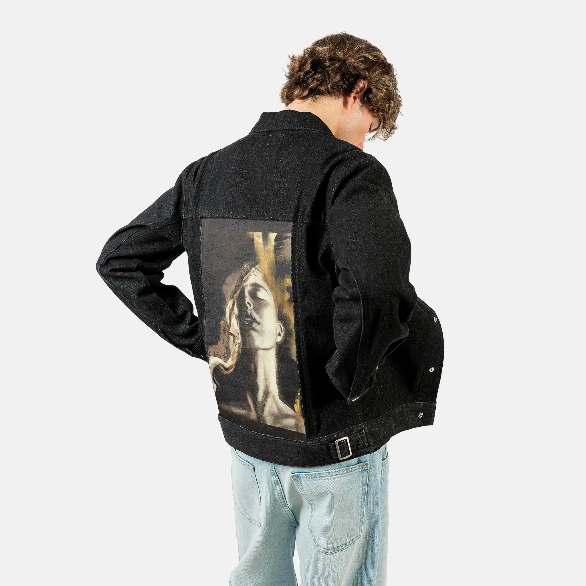 daughterofjoy patch on male og denim jacket in raven