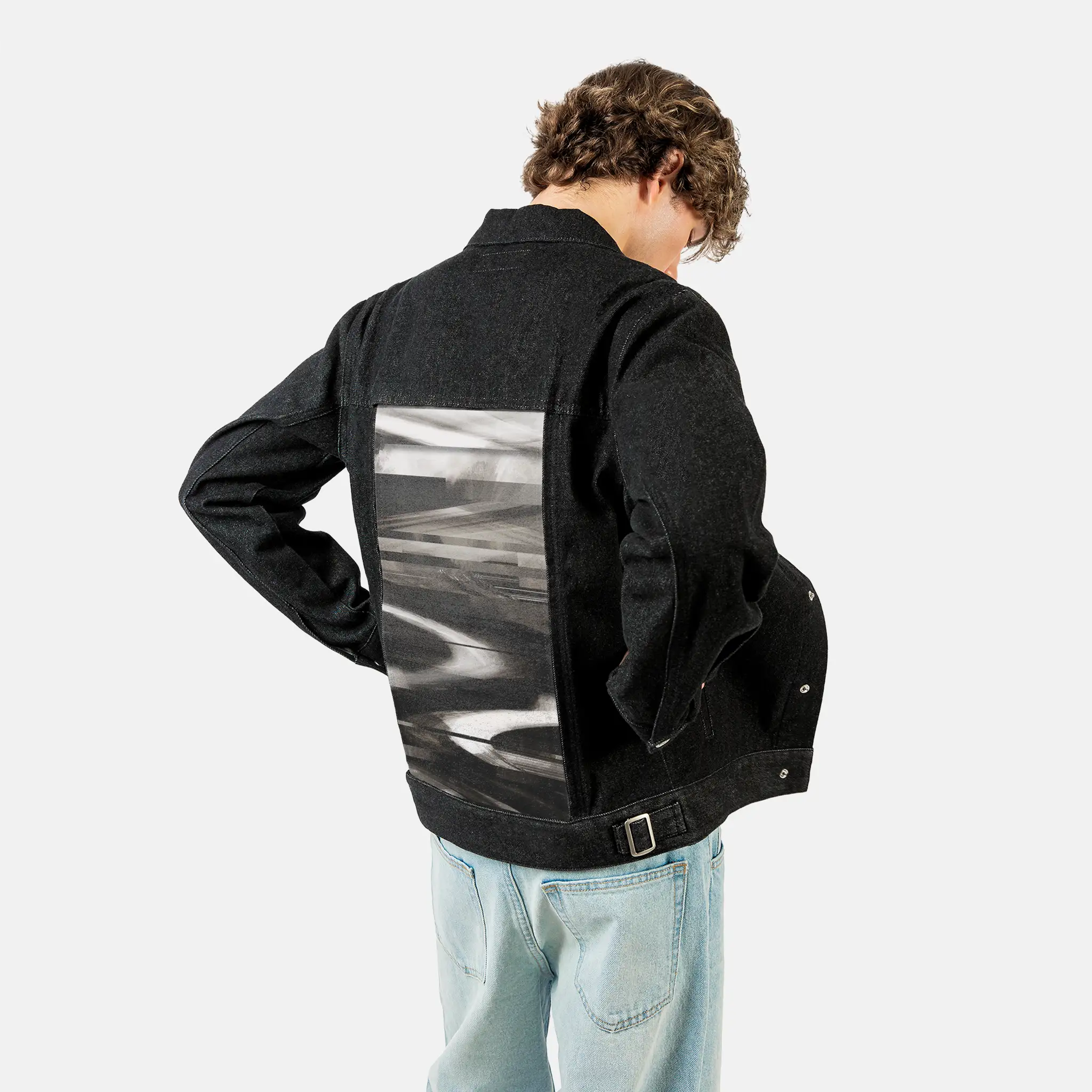 day1journey patch on male og denim jacket in raven