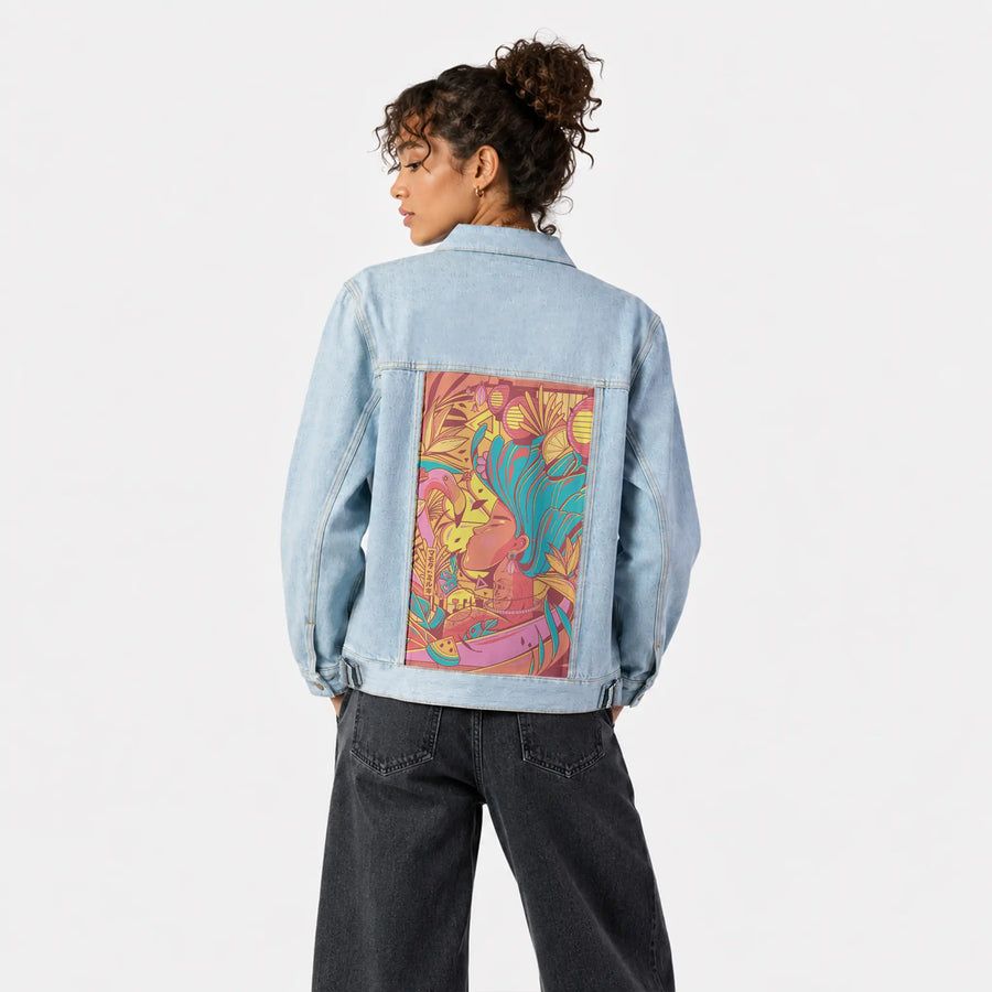 daydream patch on female og denim jacket in oceanside
