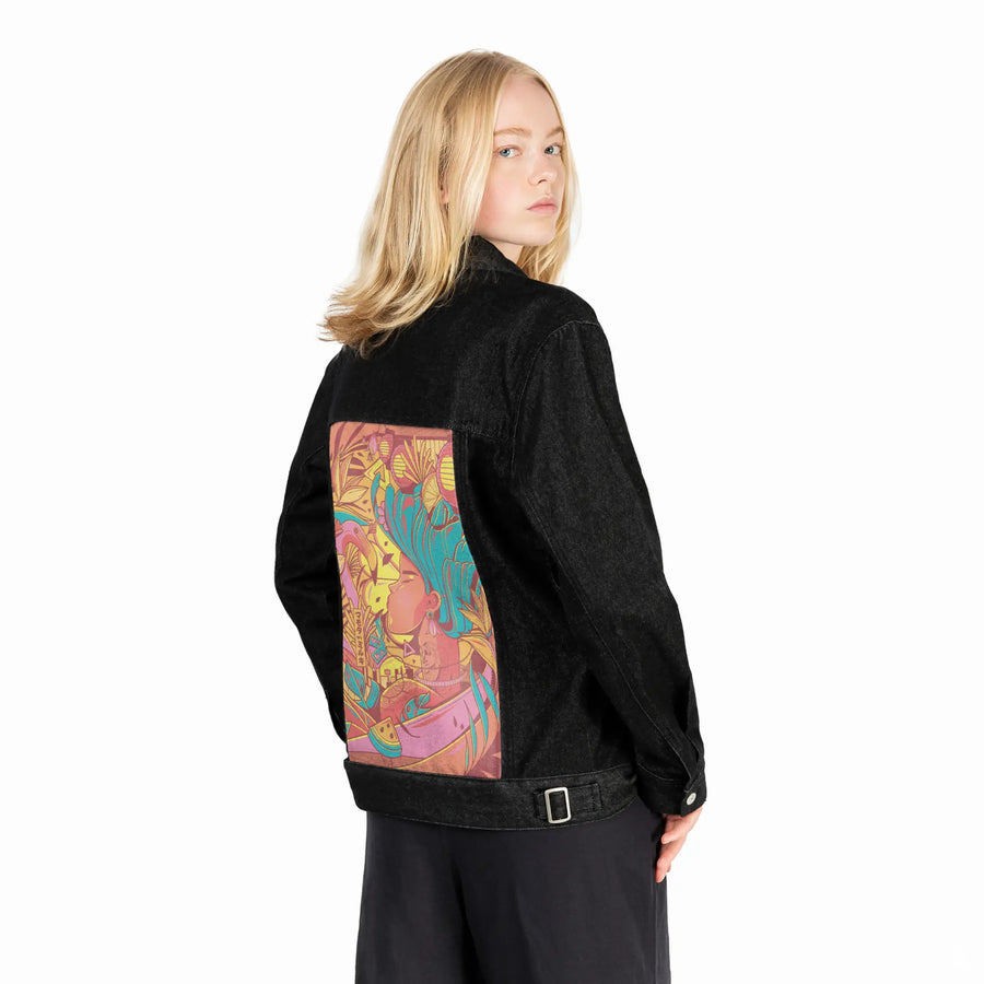 daydream patch on female og denim jacket in raven