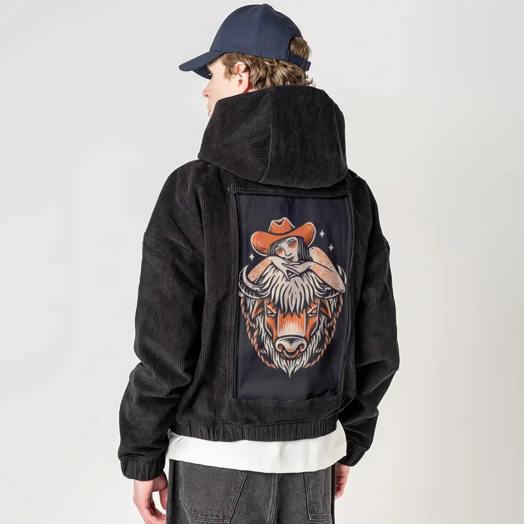 daydreamer patch on male retro cord hoodie in onyx