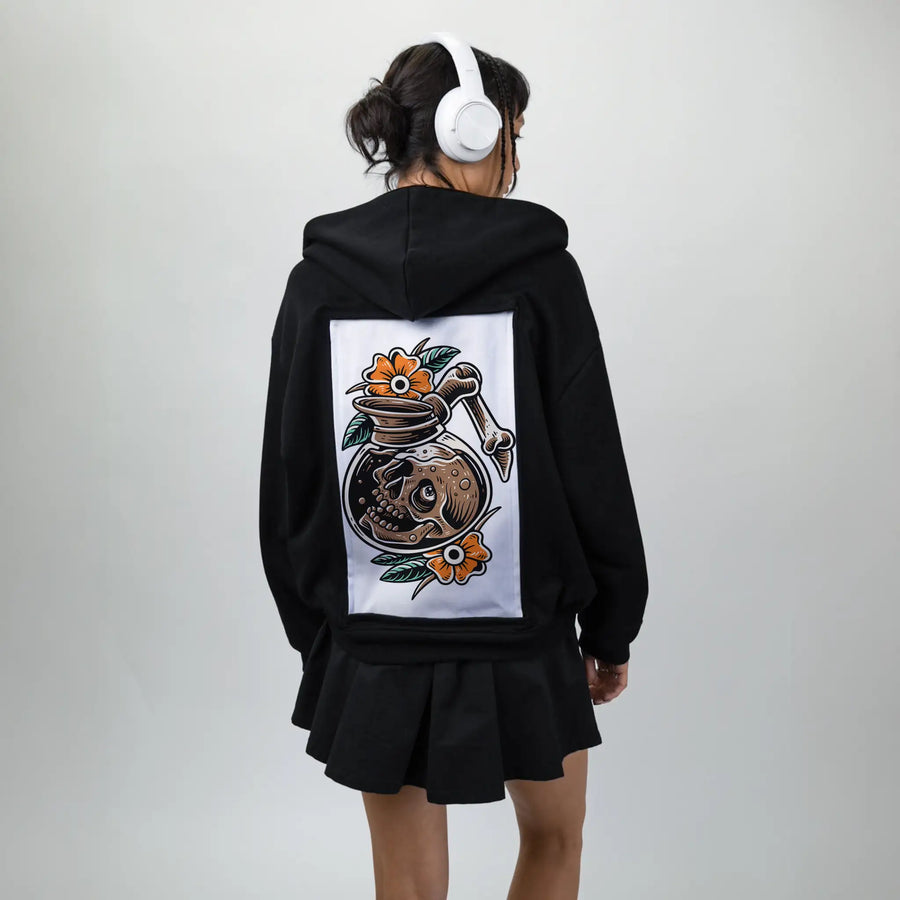 deadbeforedecaf patch on female essential zip hoodie in after hours
