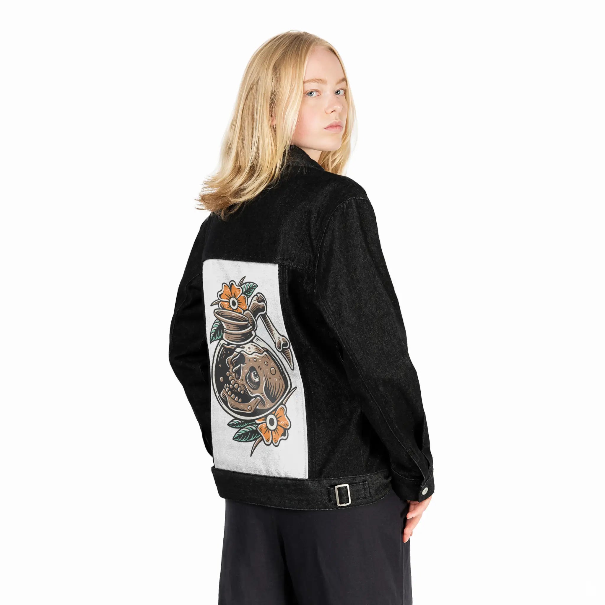 deadbeforedecaf patch on female og denim jacket in raven