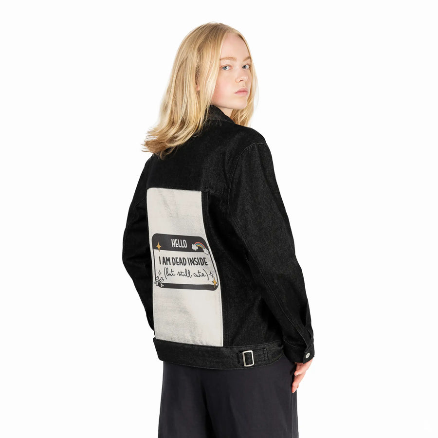 deadbutcute patch on female og denim jacket in raven