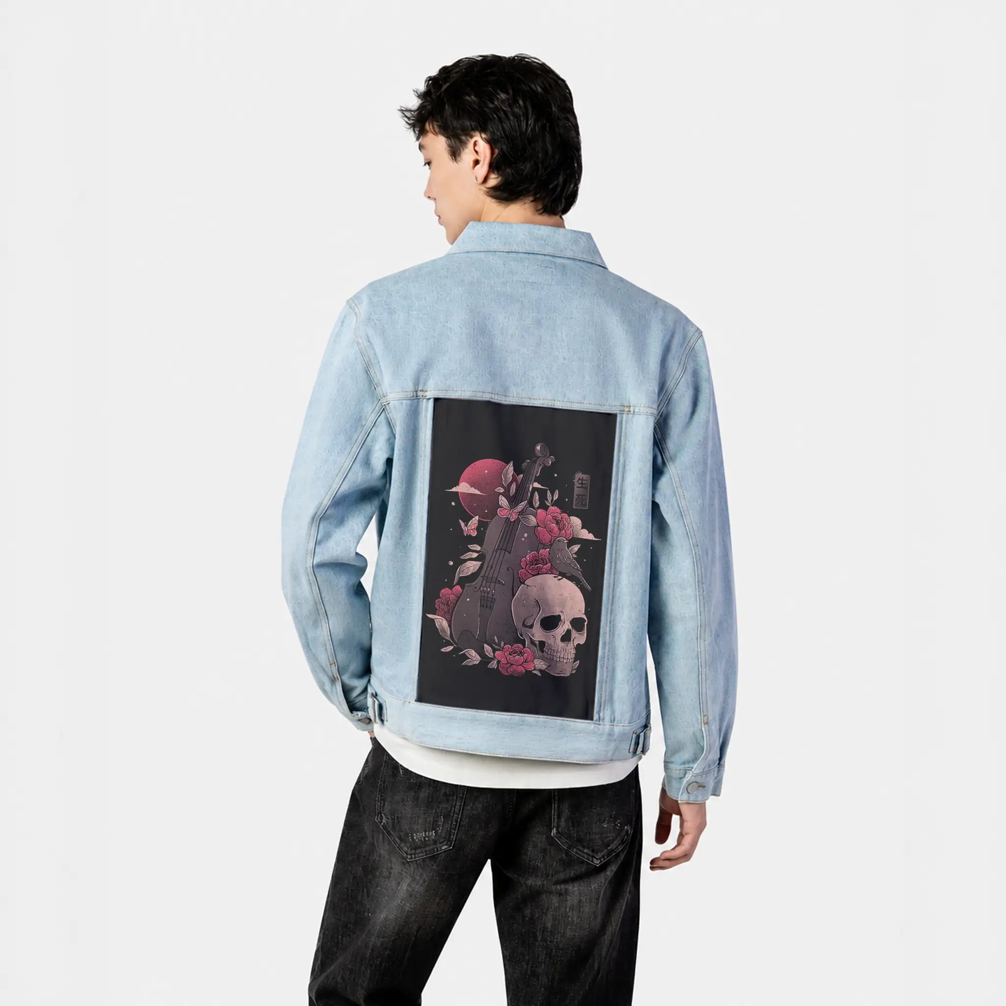 deathandmusic patch on male og denim jacket in oceanside