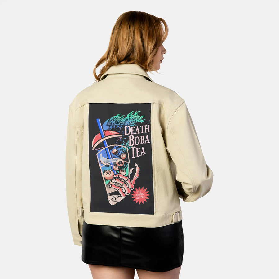 deathbobatea patch on female atelier canvas jacket in tan