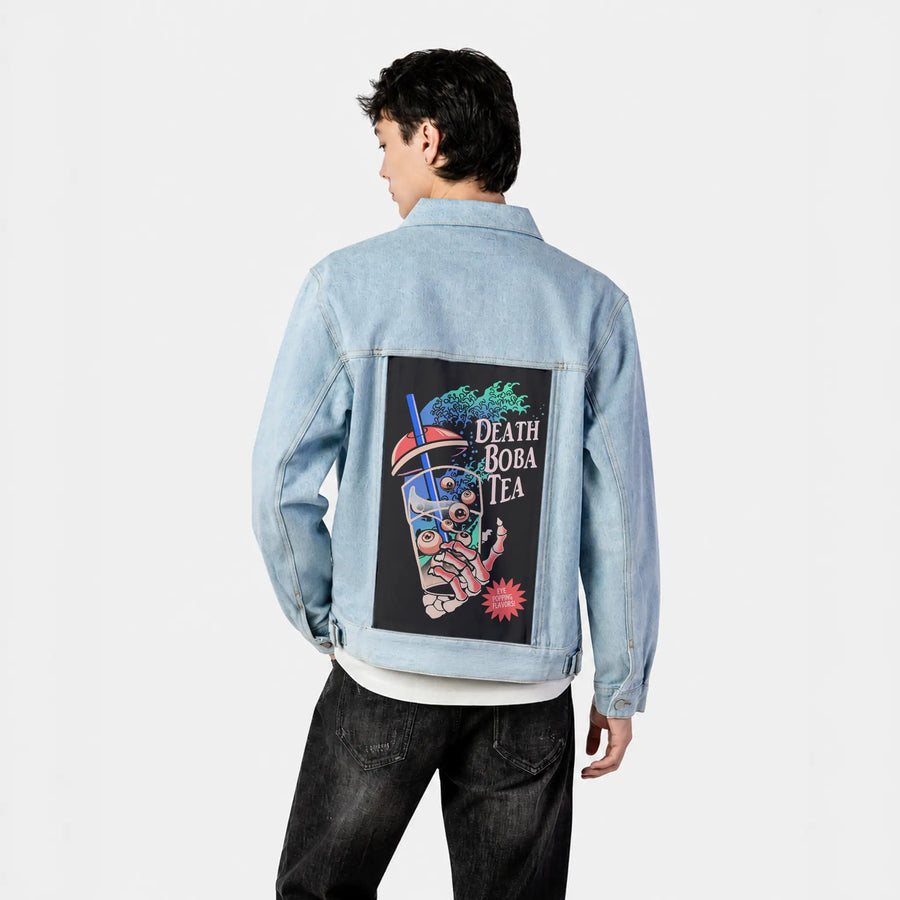 deathbobatea patch on male og denim jacket in oceanside