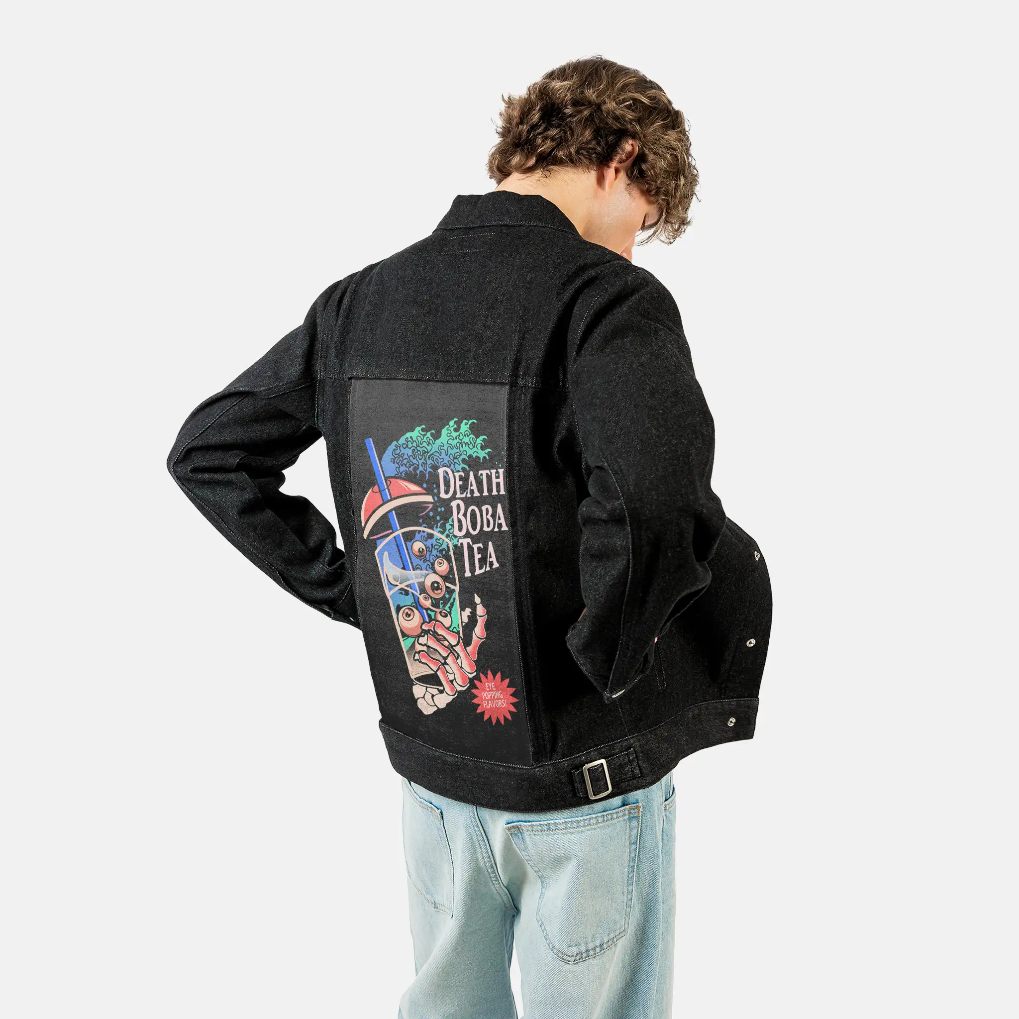 deathbobatea patch on male og denim jacket in raven