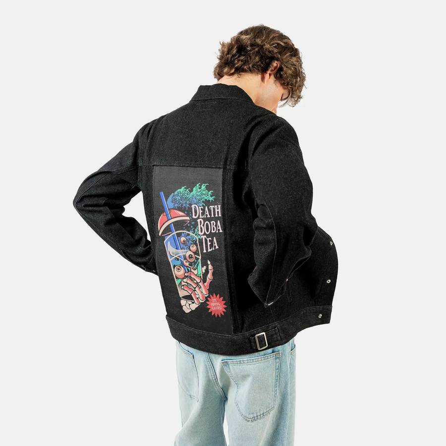 deathbobatea patch on male og denim jacket in raven