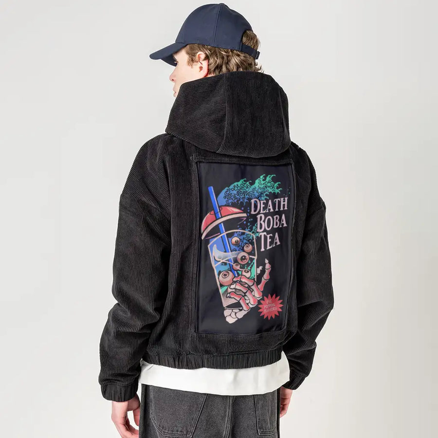 deathbobatea patch on male retro cord hoodie in onyx