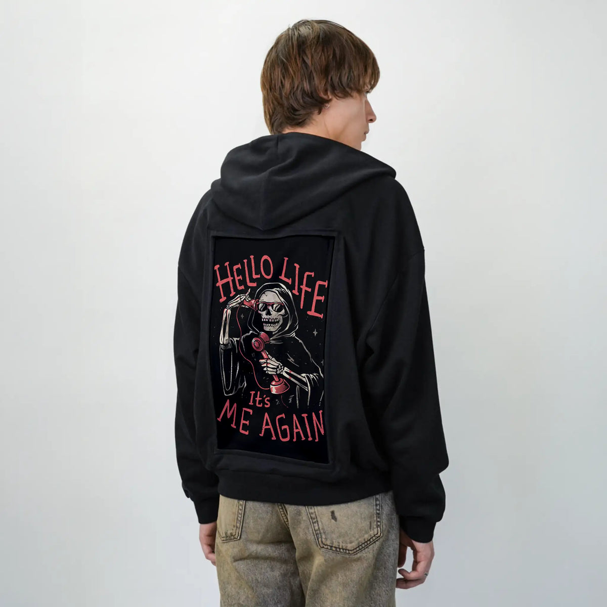 deathcall patch on male essential zip hoodie in after hours
