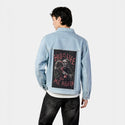 deathcall patch on male og denim jacket in oceanside
