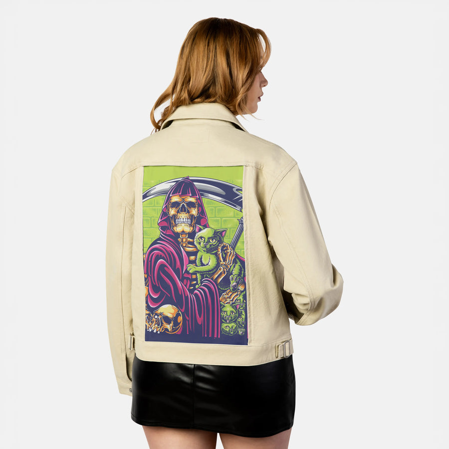 deathcats patch on female atelier canvas jacket in tan