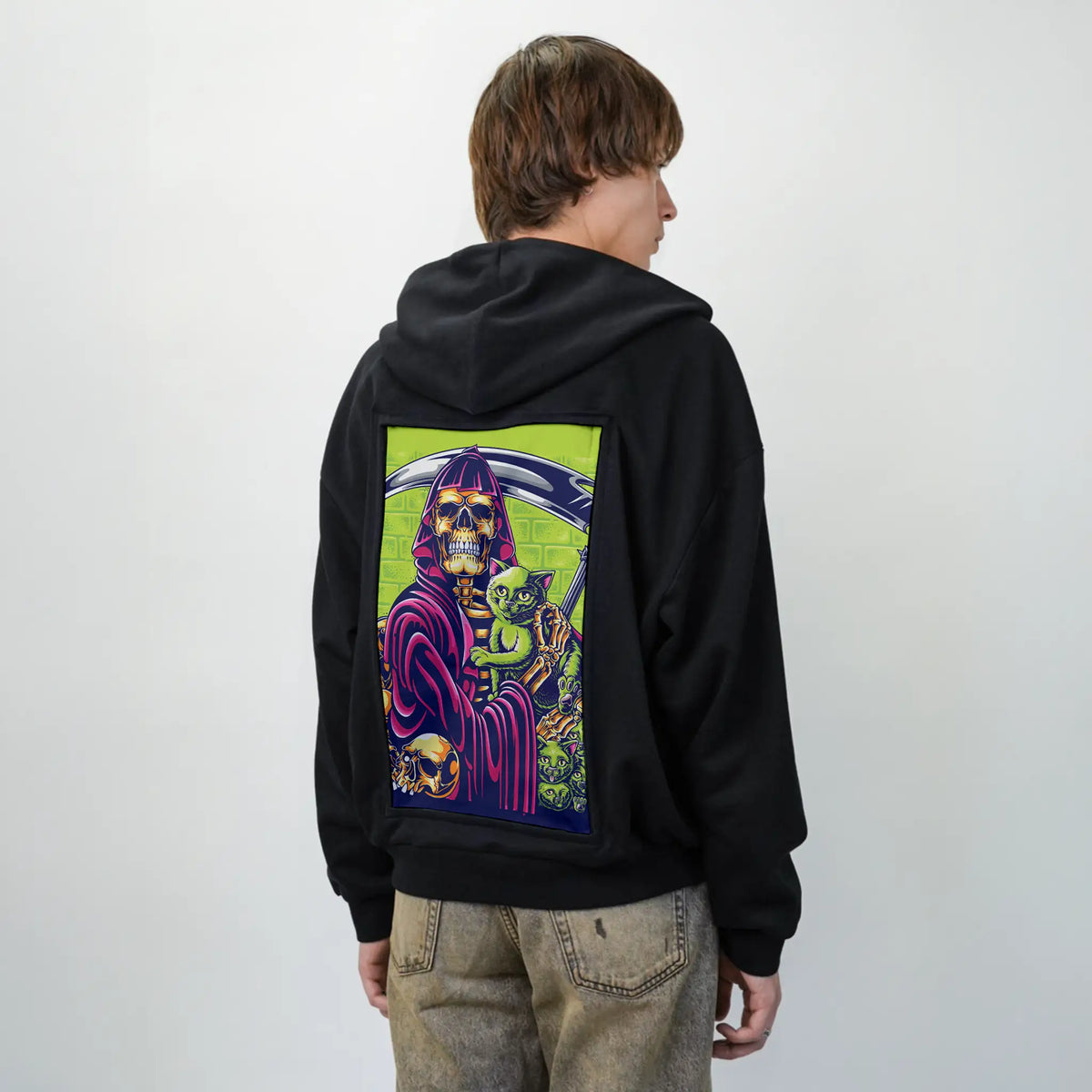 deathcats patch on male essential zip hoodie in after hours