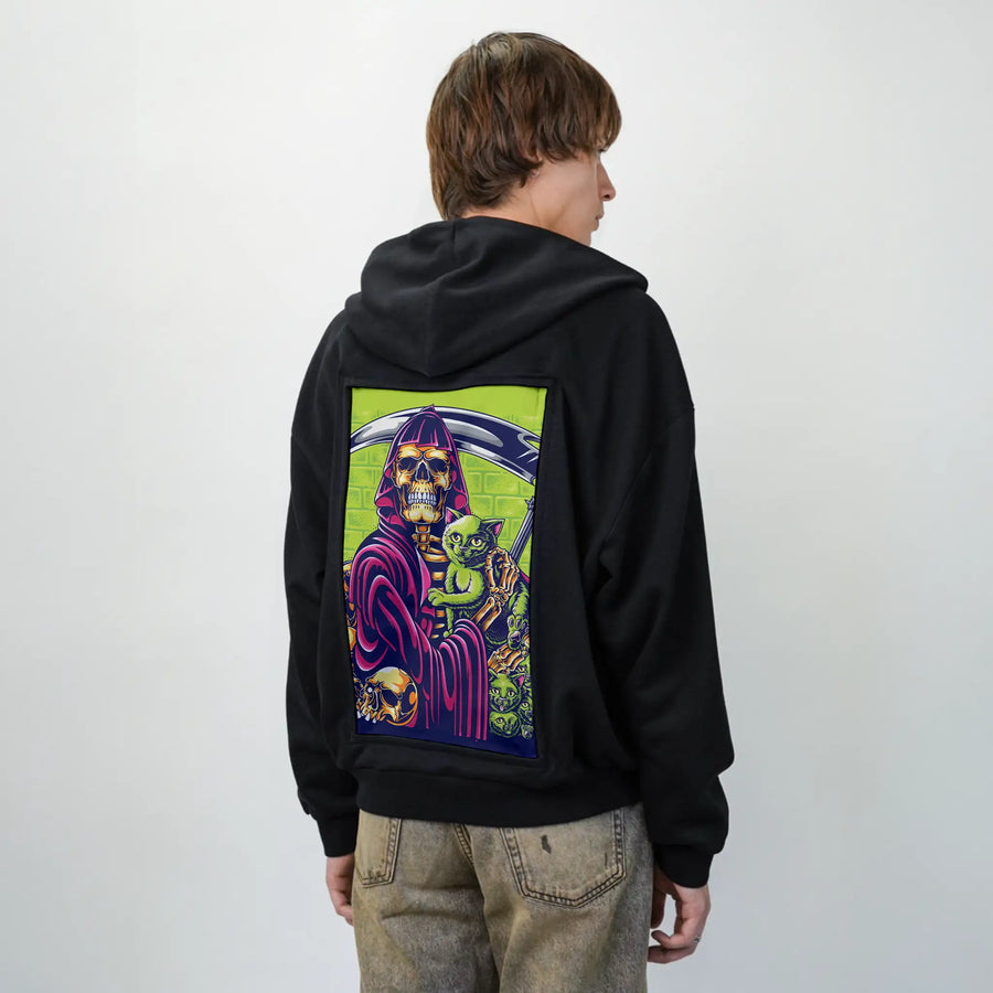 deathcats patch on male essential zip hoodie in after hours