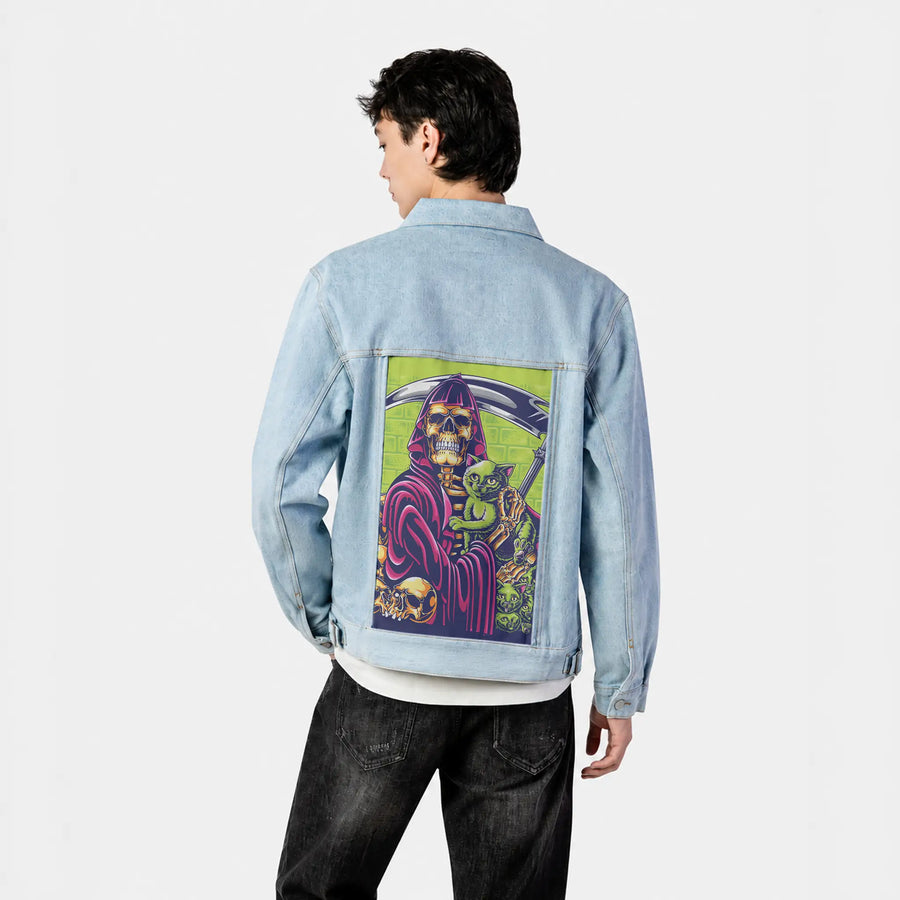 deathcats patch on male og denim jacket in oceanside