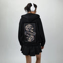 deathcomestoall patch on female essential zip hoodie in after hours