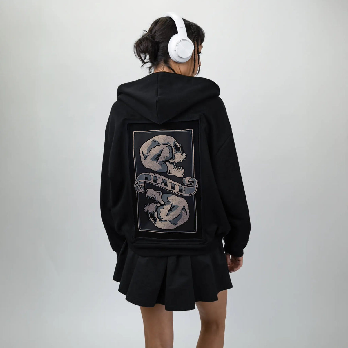 deathcomestoall patch on female essential zip hoodie in after hours