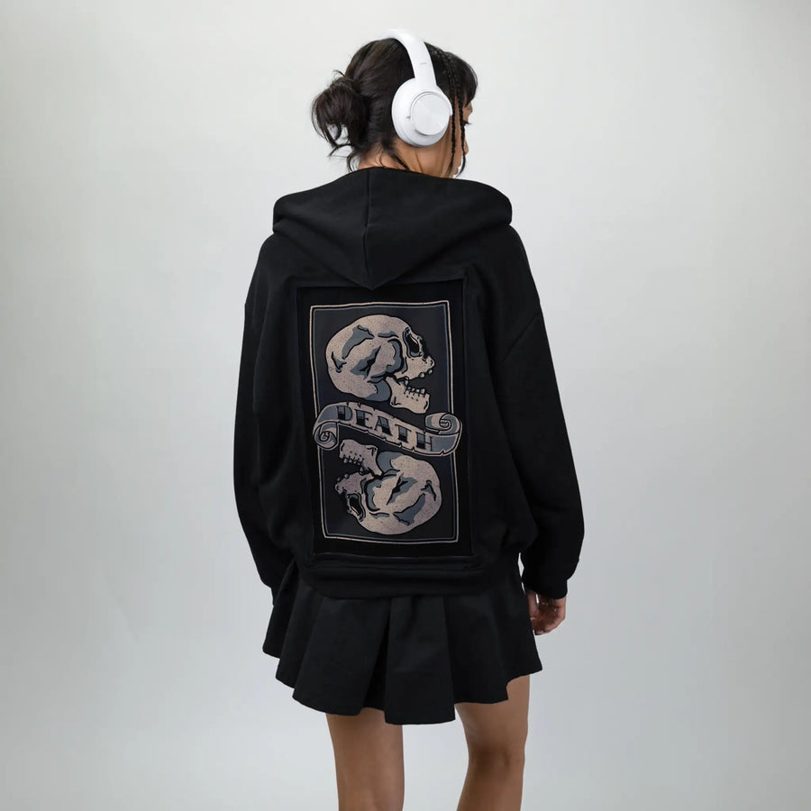 deathcomestoall patch on female essential zip hoodie in after hours