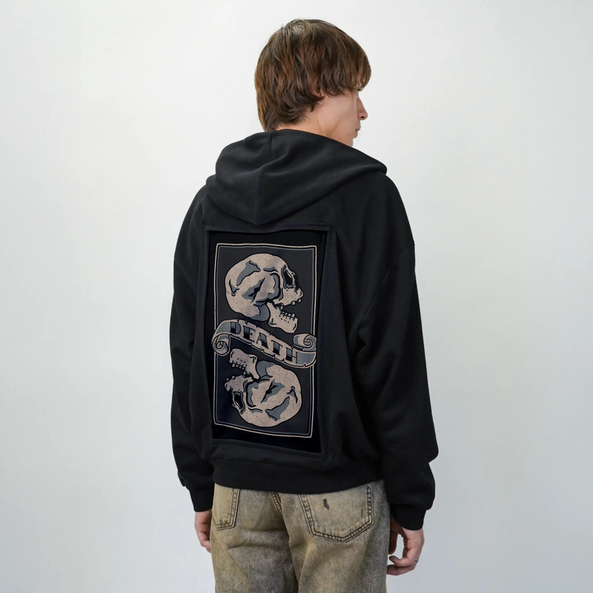 deathcomestoall patch on male essential zip hoodie in after hours