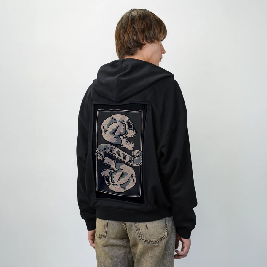 deathcomestoall patch on male essential zip hoodie in after hours