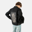 deathcomestoall patch on male og denim jacket in raven