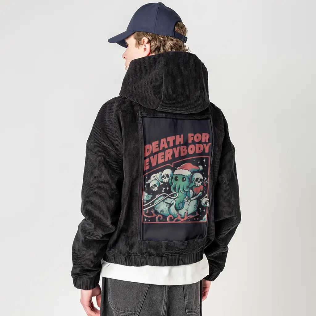 deathforeverybody patch on male retro cord hoodie in onyx