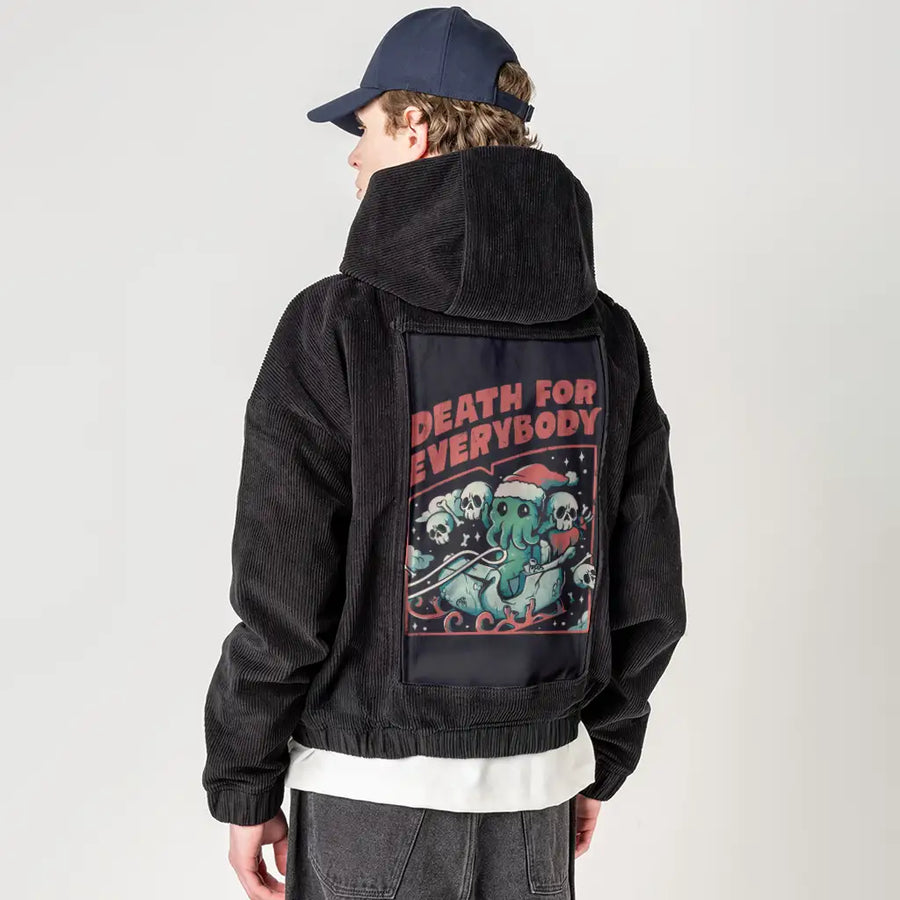 deathforeverybody patch on male retro cord hoodie in onyx