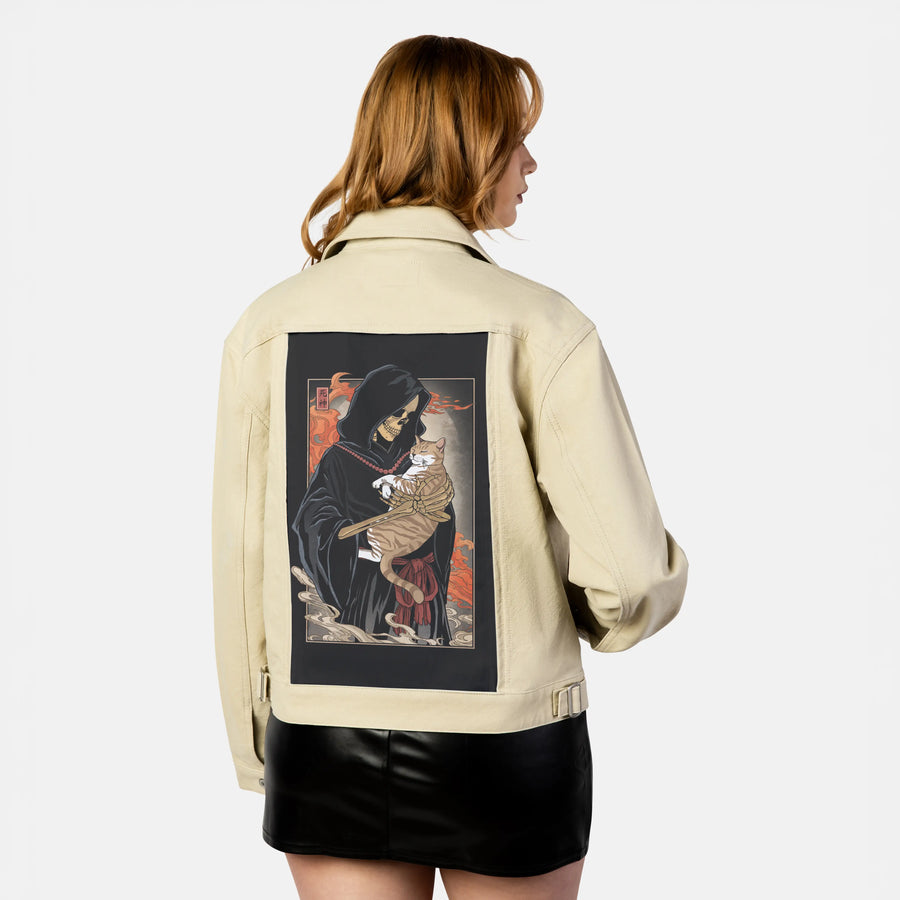 deathsfamiliar patch on female atelier canvas jacket in tan