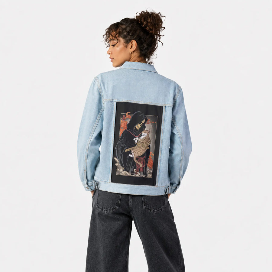 deathsfamiliar patch on female og denim jacket in oceanside