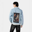 deathsfamiliar patch on male og denim jacket in oceanside