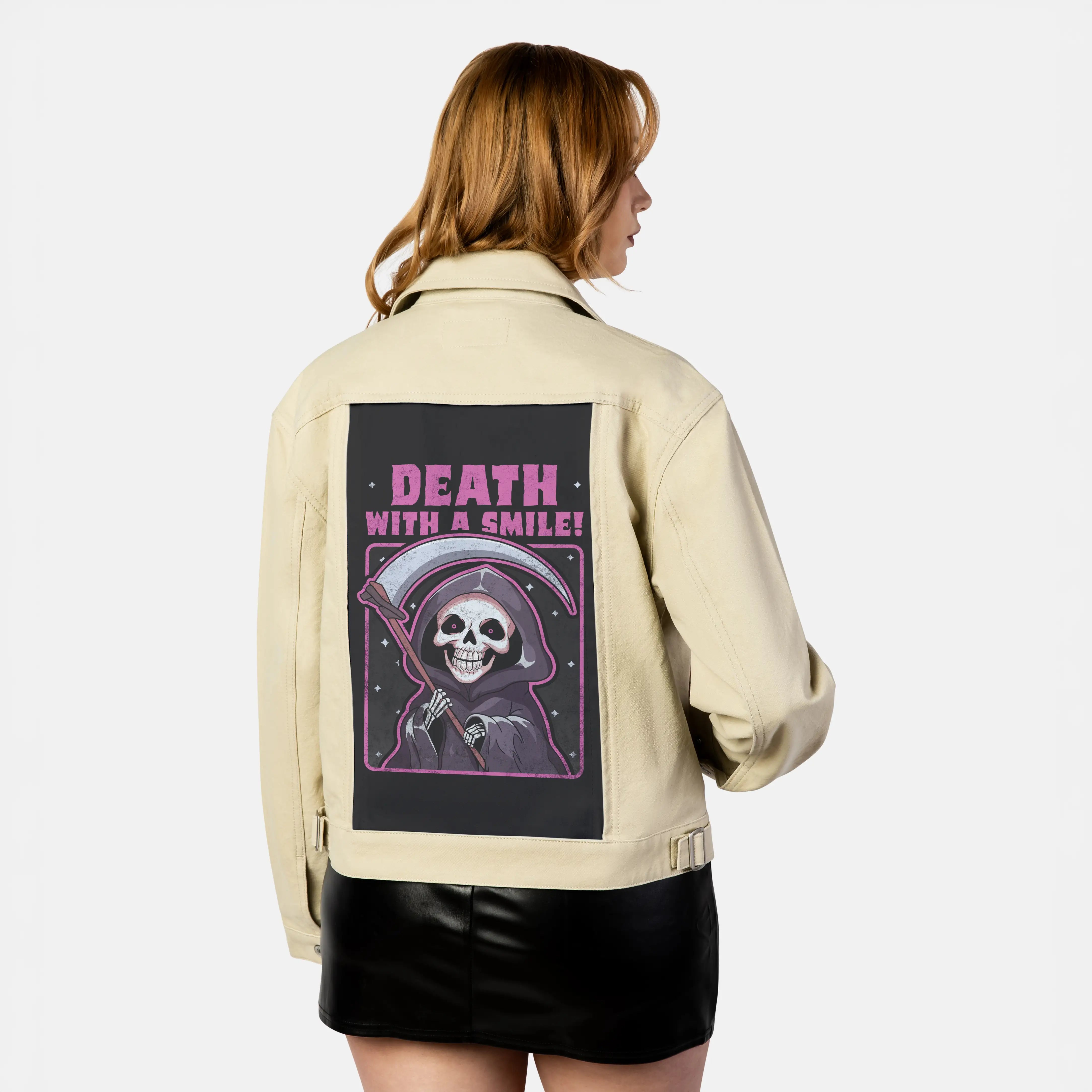deathwithasmile patch on female atelier canvas jacket in tan