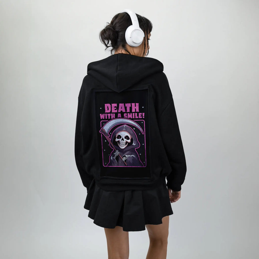 deathwithasmile patch on female essential zip hoodie in after hours