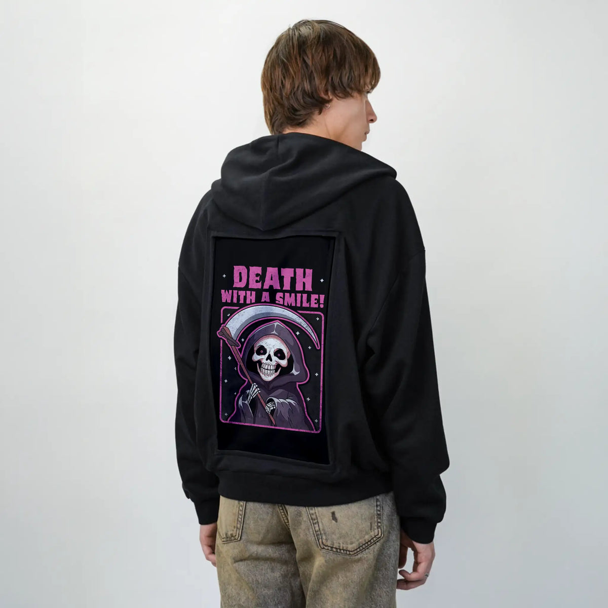 deathwithasmile patch on male essential zip hoodie in after hours