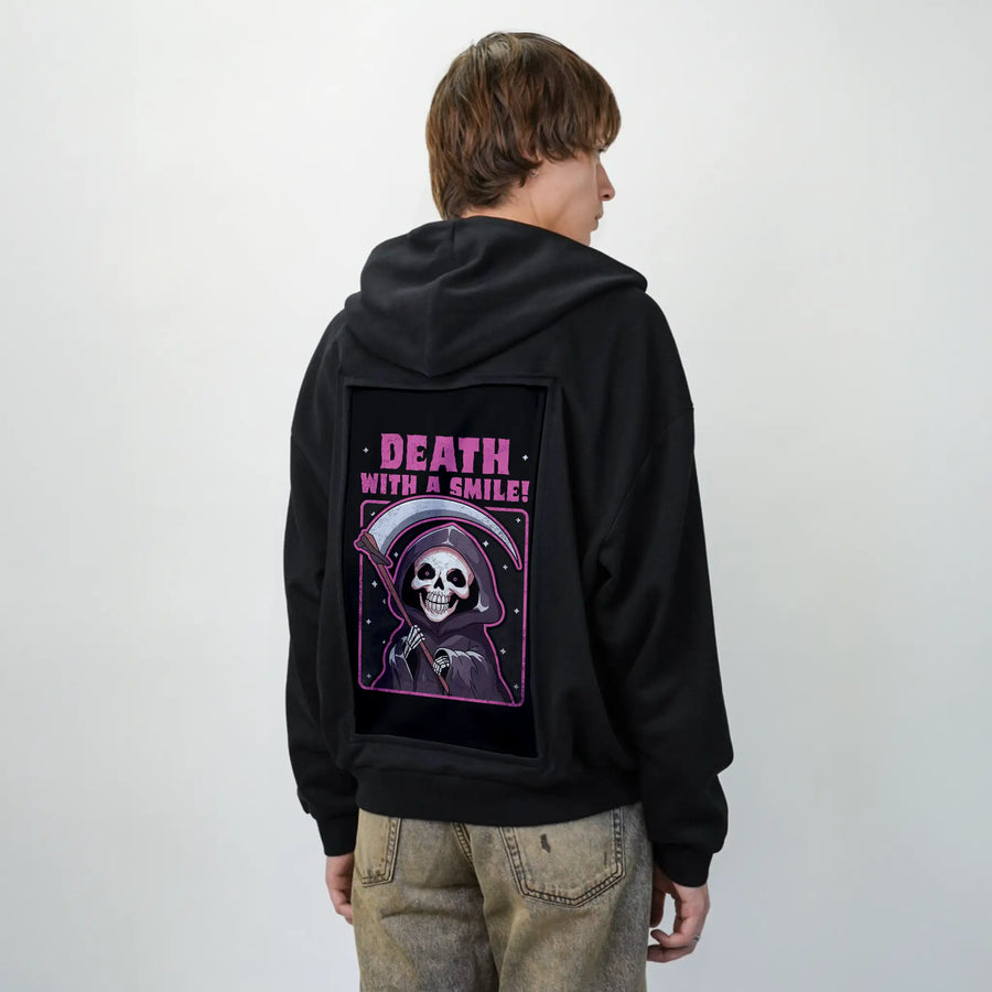 deathwithasmile patch on male essential zip hoodie in after hours