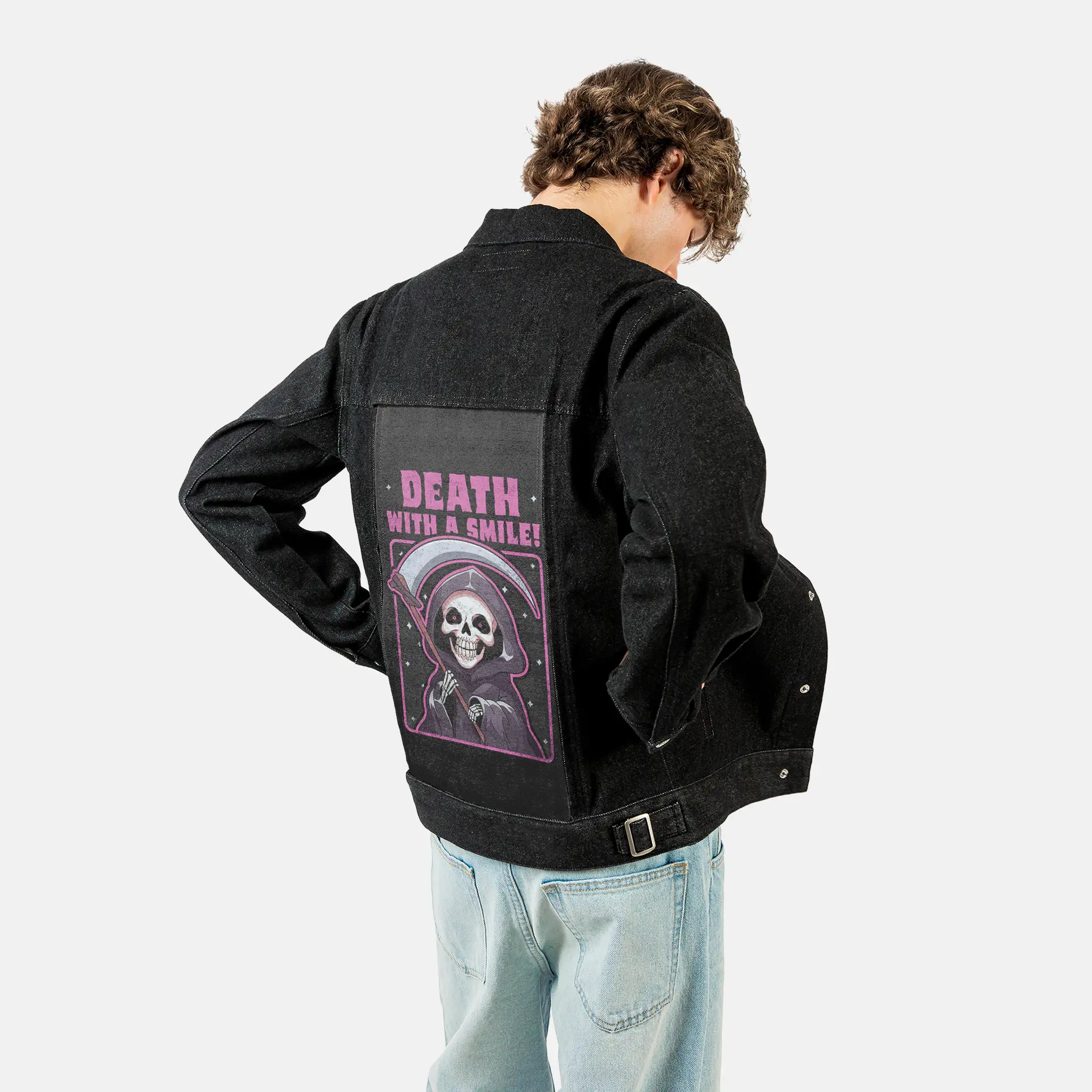 deathwithasmile patch on male og denim jacket in raven