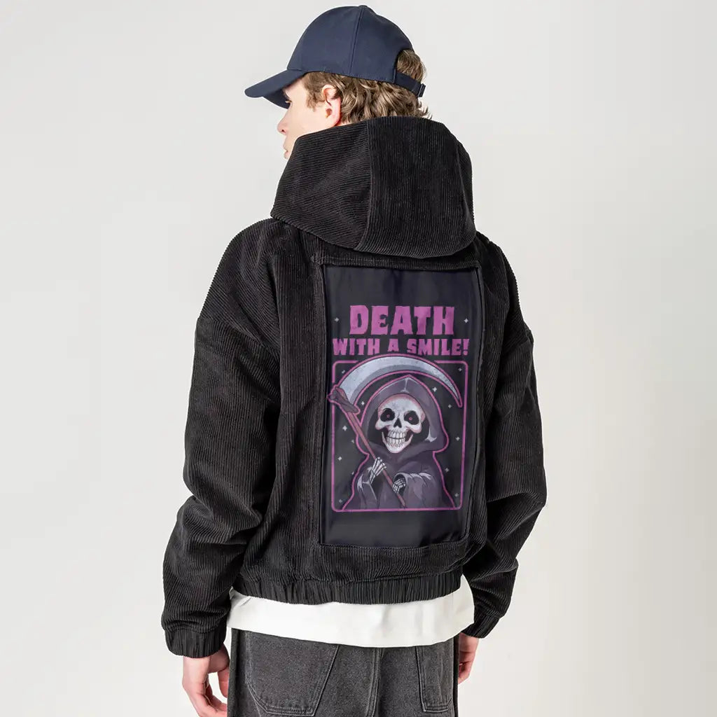 deathwithasmile patch on male retro cord hoodie in onyx