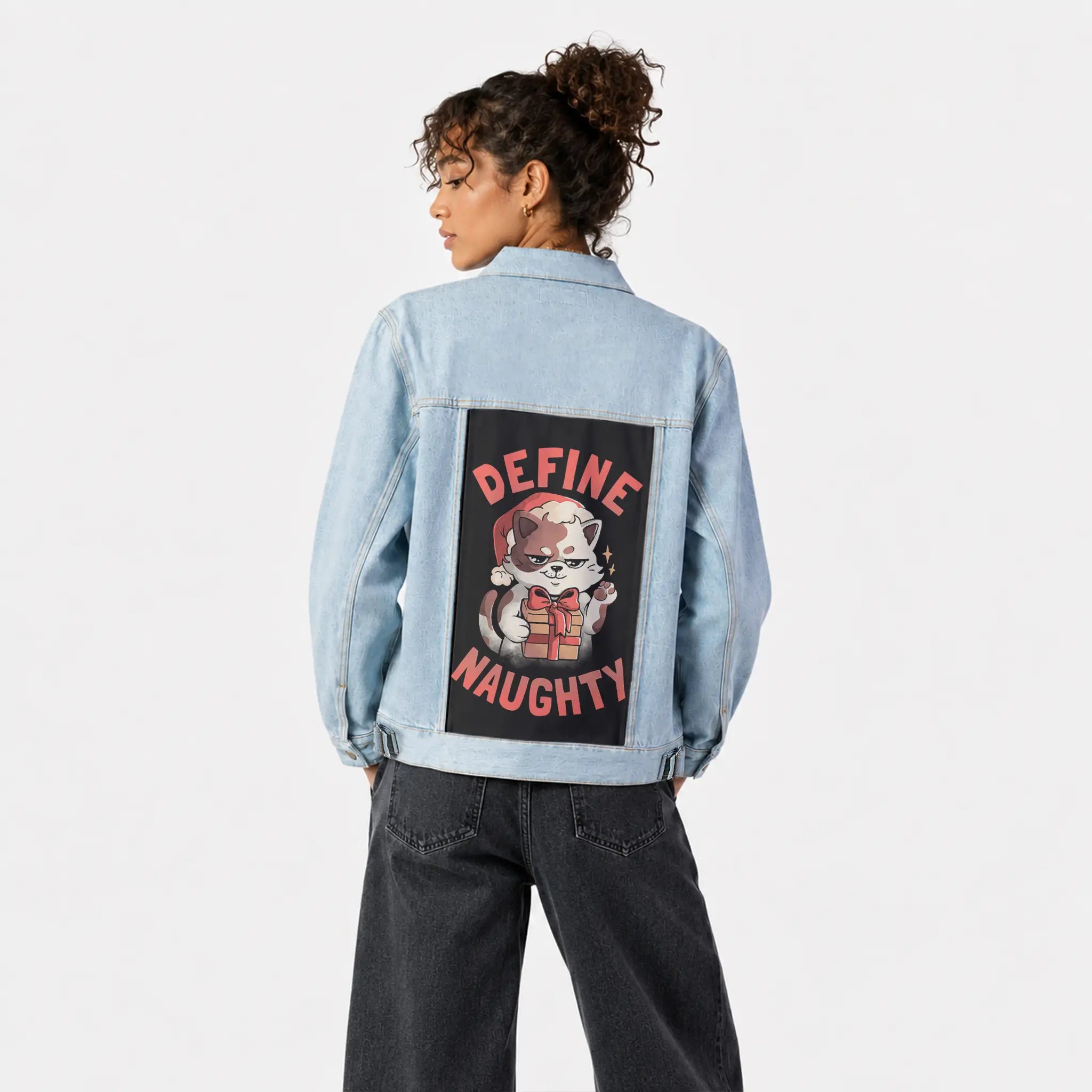 definenaughty patch on female og denim jacket in oceanside
