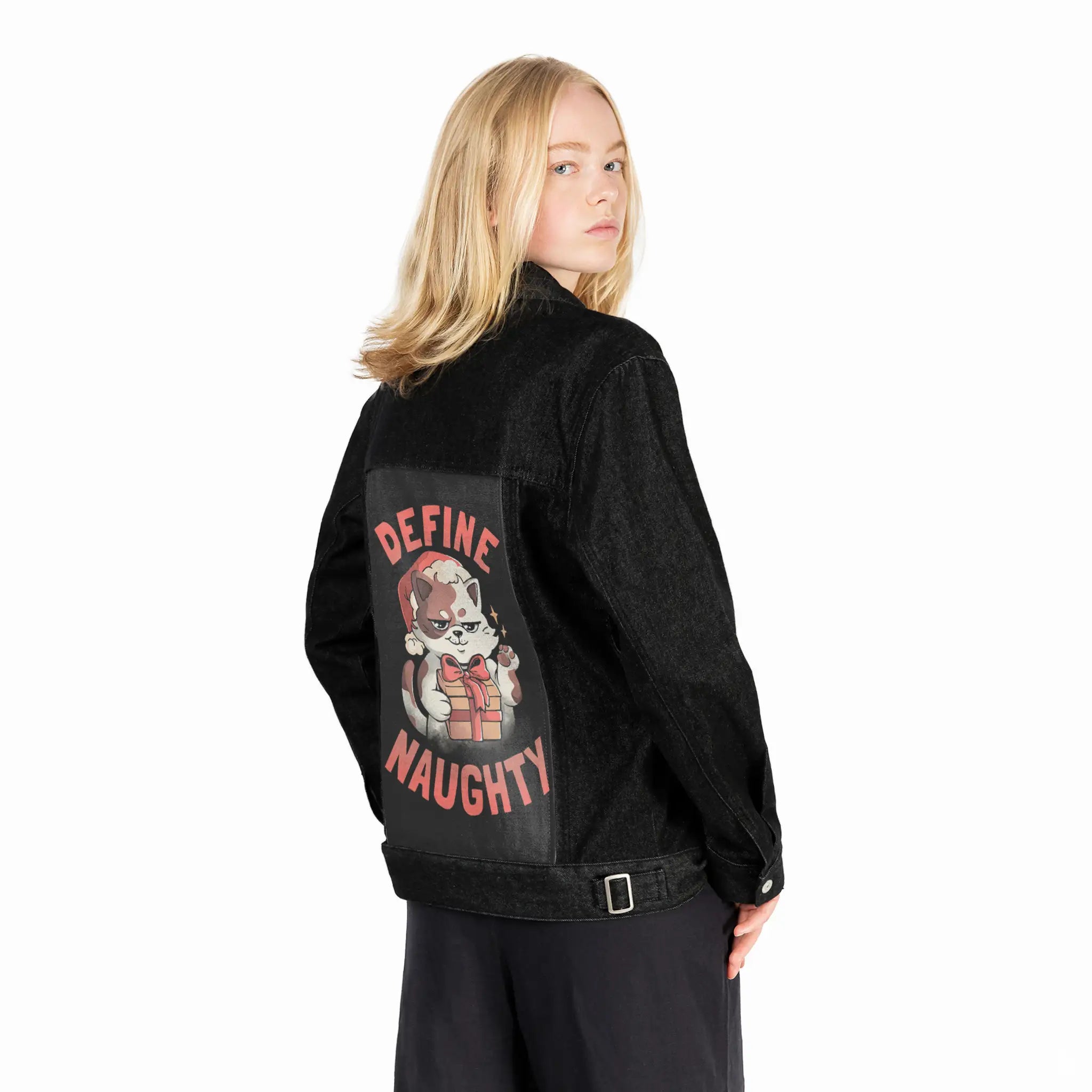 definenaughty patch on female og denim jacket in raven