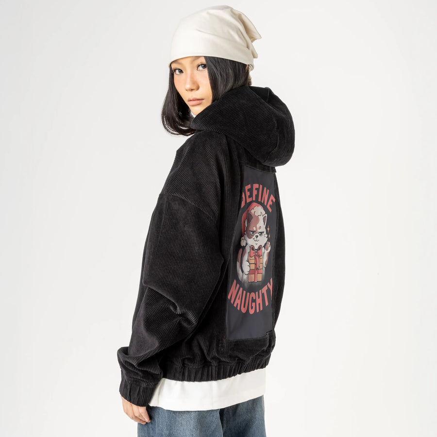 definenaughty patch on female retro cord hoodie in onyx