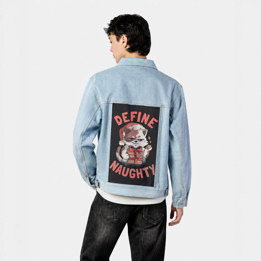 definenaughty patch on male og denim jacket in oceanside