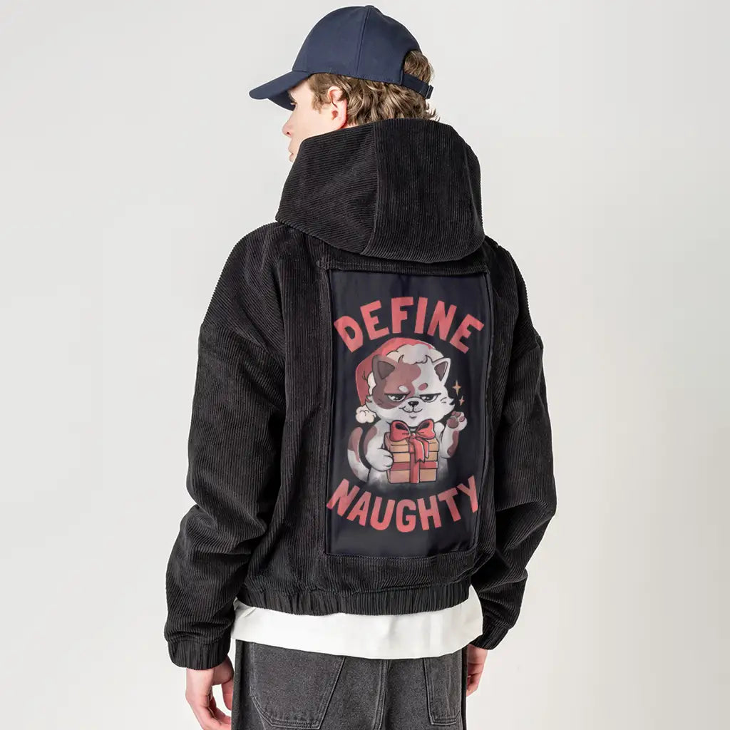 definenaughty patch on male retro cord hoodie in onyx