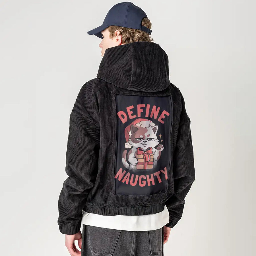 definenaughty patch on male retro cord hoodie in onyx