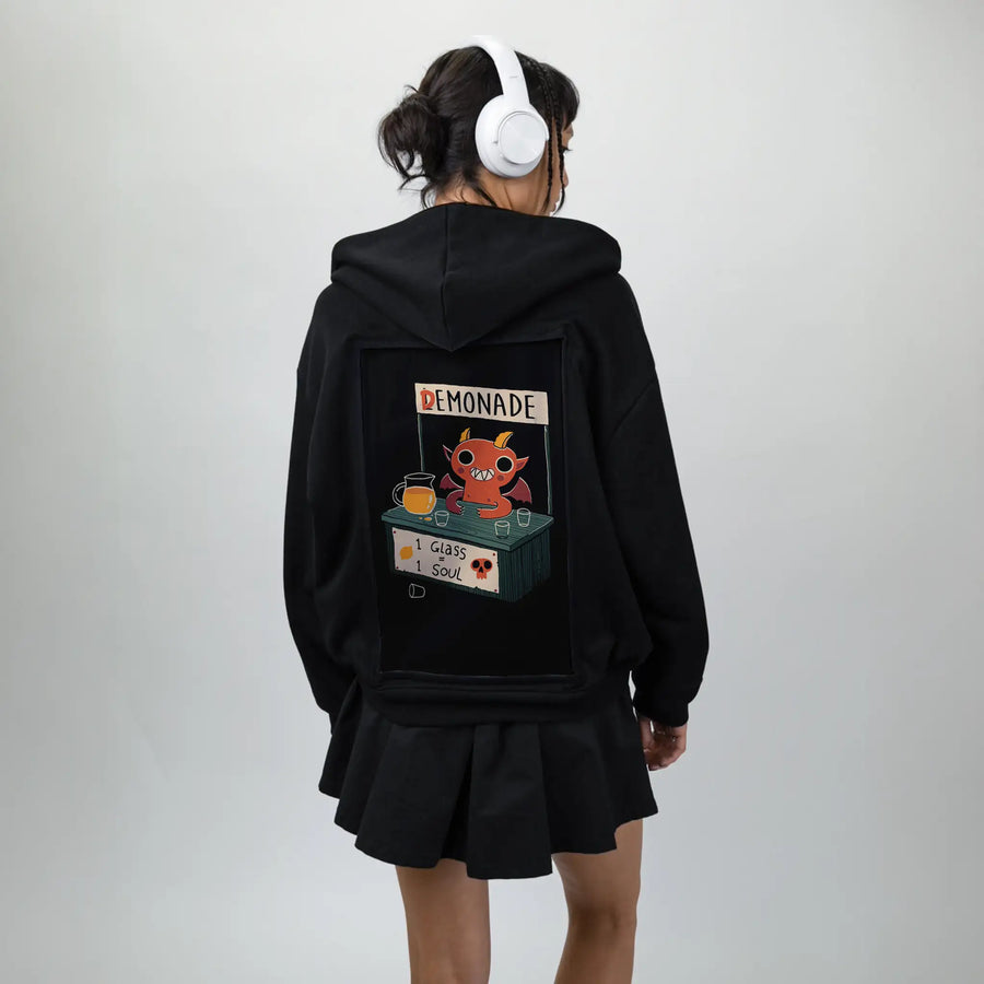 demonade patch on female essential zip hoodie in after hours