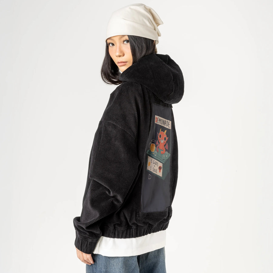 demonade patch on female retro cord hoodie in onyx