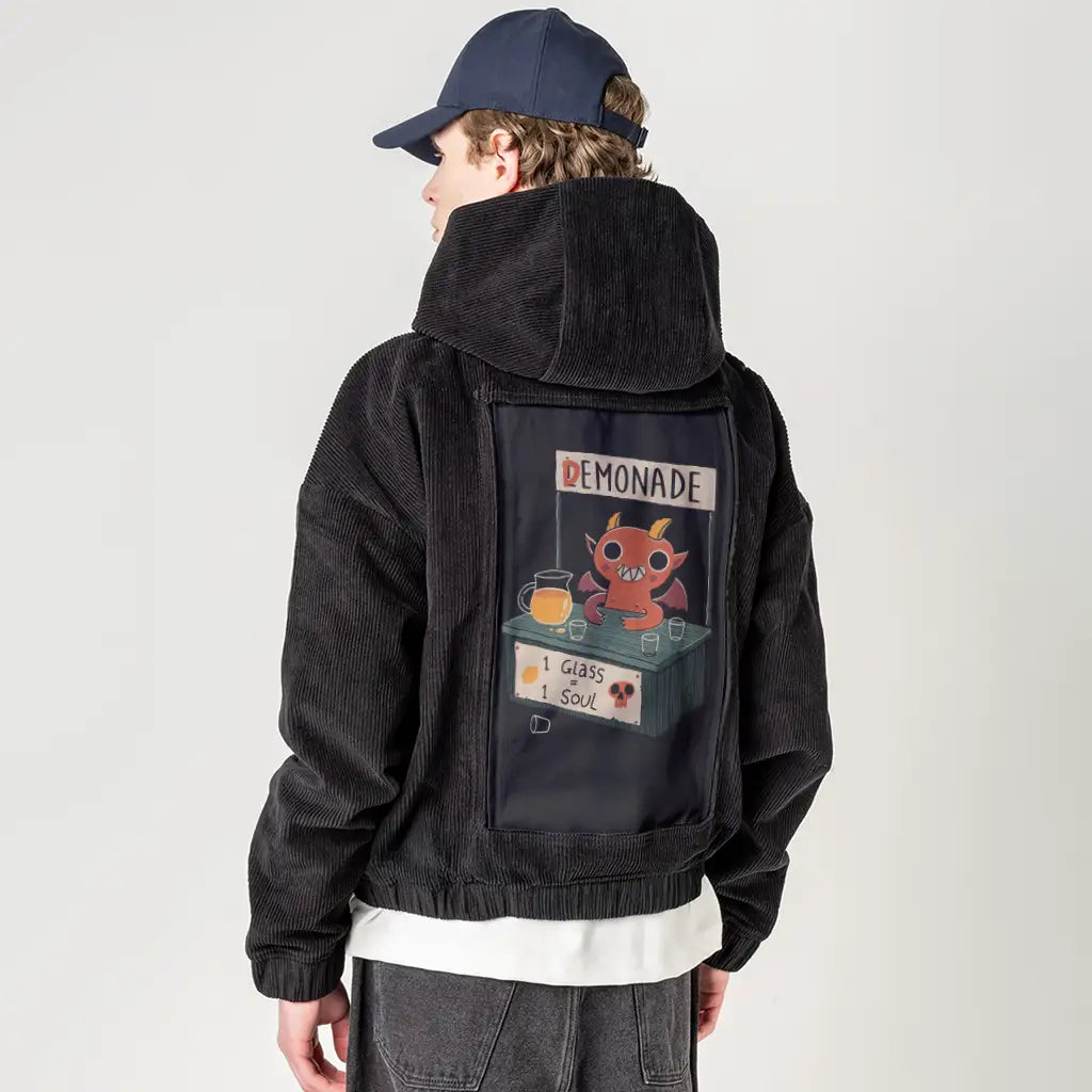 demonade patch on male retro cord hoodie in onyx